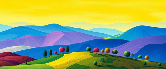Obraz premium Vibrant naive landscape, abstract hills & trees, blank space, abstract, playful