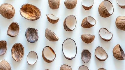 Flat lay of various coconut shells on white background.
