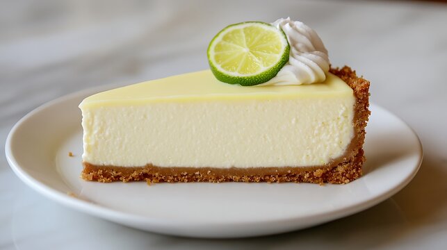Slice of Key Lime Cheesecake with Whipped Cream and Lime Garnish on a White Plate
