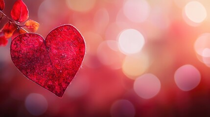 A red heart hanging from a branch against a blurred background of warm colors.
