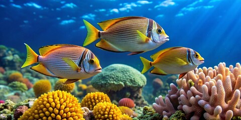Obraz premium Striped Tropical Fish Gracefully Swimming Above Vibrant Coral Reef