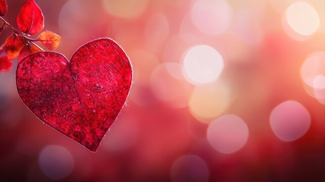 A red heart hanging from a branch against a blurred background of warm colors.