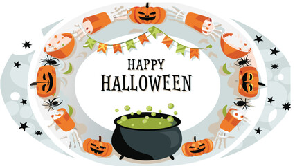 Happy halloween themed oval frame with pumpkins, cauldron, spiders, and candy decorations all around
