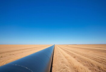 Solitary black pipe stretches across expansive field under clear blue sky,  line,  distance