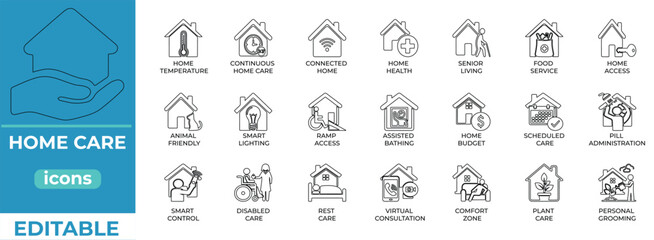 Home care vector icons for healthcare, seniors, and nursing services
