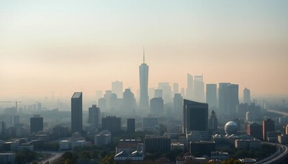Smoggy city skyline panorama, hazy cityscape, pollution impact,  panorama,  bleak