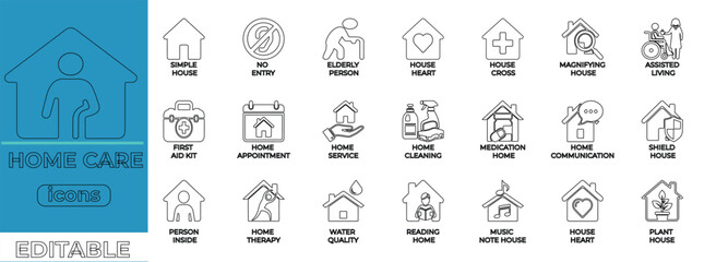 Home care vector icons for healthcare, seniors, and nursing services
