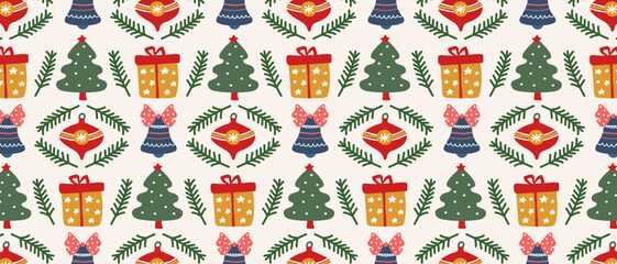 Pattern with Christmas tree, gift box and hanging decoration with bell. Festive background for winter holiday.