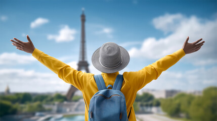 Person with backpack stretches arms wide, expressing happiness at iconic Eiffel Tower. Bright sky and green landscape create a vibrant Parisian atmosphere. Concept of tourism, adventure, exploration