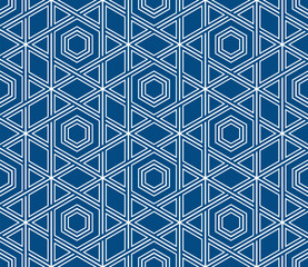 Seamless repeating pattern with an intricate geometric grid of intersecting white lines forming triangles and hexagons on a blue background  in a trendy and modern style. Abstract vector illustration.