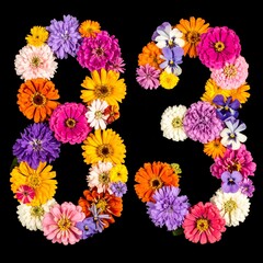 Number 83 made out of flowers with black background. Photo for 83rd birthday or anniversary party