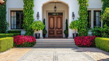 A grand, white, stately house with a wooden front door and ivy climbing the columns.