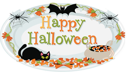 Happy halloween oval plate with a black cat, bat, spiders, candy corn, and floral decorations