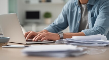 Man typing on laptop at desk with documents in modern workspace environment, concept of remote work productivity
