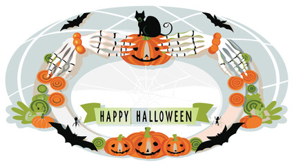 Happy halloween themed oval wreath with pumpkins, bats, skeleton hands, and a black cat on top
