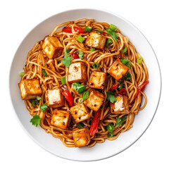Delicious Tofu Noodle Stir-Fry with Vegetables in a Bowl on transparent background