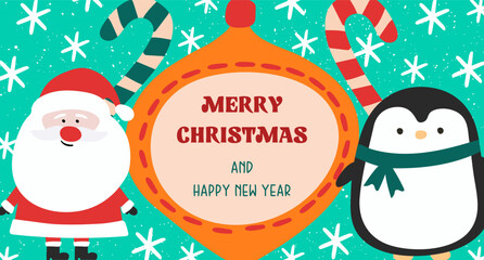 Bright banner or card template for Christmas and New Year with Santa and penguin.