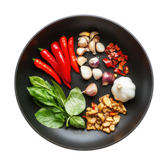 Fresh Ingredients for Spicy Stir-Fry: Red Chili Peppers, Garlic, Onion, Basil, and Chicken in a Black Pan on transparent background