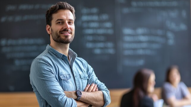 A young man in a blue denim shirt standing in front of a blackboard with chalkboard writings.