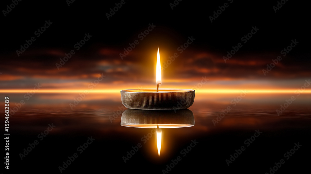Poster candle flame illuminates dark environment creating a calming atmosphere. reflection on water surface