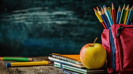 A red backpack with a yellow apple and a stack of books on a wooden table against a dark blue chalkboard background.