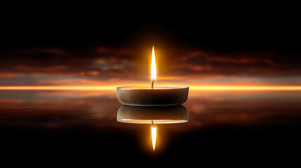 Candle flame illuminates dark environment creating a calming atmosphere. Reflection on water surface enhances tranquility in serene setting. Concept of wellness, relaxation, meditation