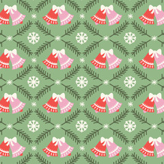 Christmas bells and fir branches pattern on warm green background. Holiday seamless background.