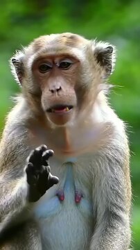 Monkey waving hand with jungle background.