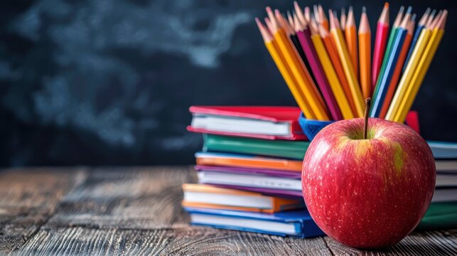 A red apple on a wooden table with a stack of books and a blackboard in the background.