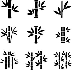 Black bamboo plant icons with leaves stalk