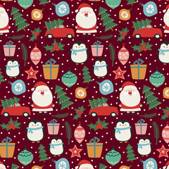 Cute Christmas pattern with Santa Claus, penguin, tree, gifts and decorations for holiday design.