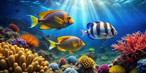 Obraz premium Vibrant Reef Scene Featuring Three Striking Tropical Fish Amongst Colorful Coral and Sea Anemones
