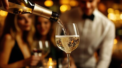 Pouring crisp champagne into a glass for celebratory toast in romantic candlelight ambient with