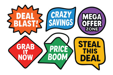 Vibrant retail sales promotion stickers showcasing various discounts and special offers for enticing shopping sprees.