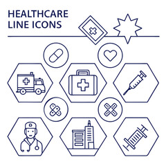 Collection of simple line art icons representing healthcare and medical services