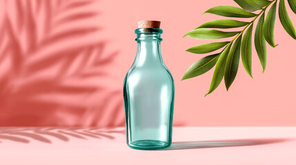 Glass bottle stands upright on soft pink surface with cork top. Light shadows from green leaves create organic patterns. Concept of product display, home decor, wellness