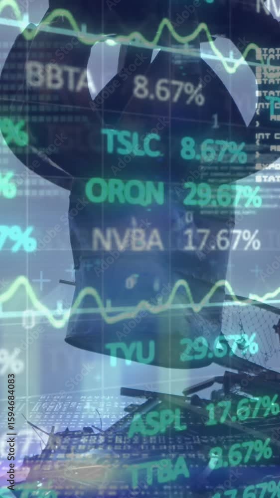 Poster animation of financial data processing over caucasian businessman using smartphone