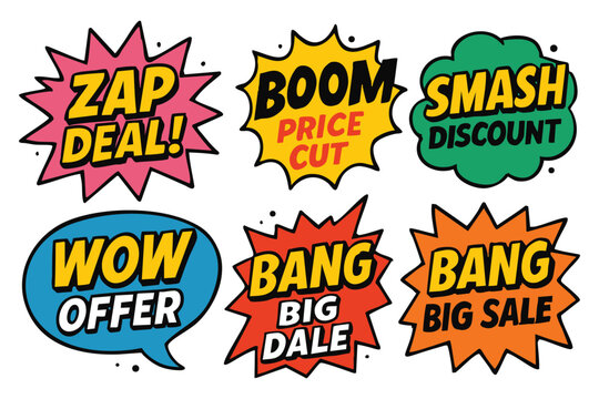 Comic sale explosions featuring zap deal, boom price cut, smash discount and wow offer pop with a bang big sale. - Powered by Adobe