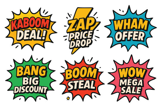 Retro comic style design elements highlighting promotional offers and sale announcements for marketing