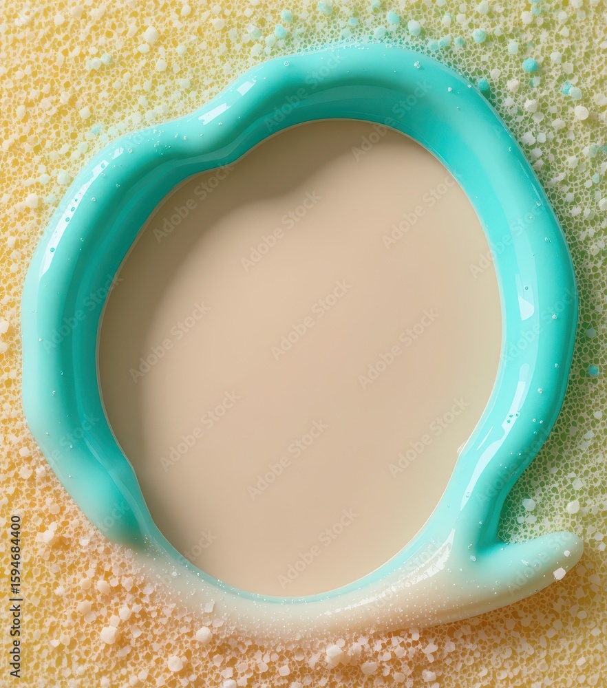 Poster glossy, smooth turquoise liquid creating an abstract oval frame on textured yellow background, ideal