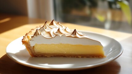 Slice of Lemon Meringue Pie on a White Plate