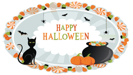 A happy halloween oval frame with a black cat, cauldron, pumpkins, and candy decorations
