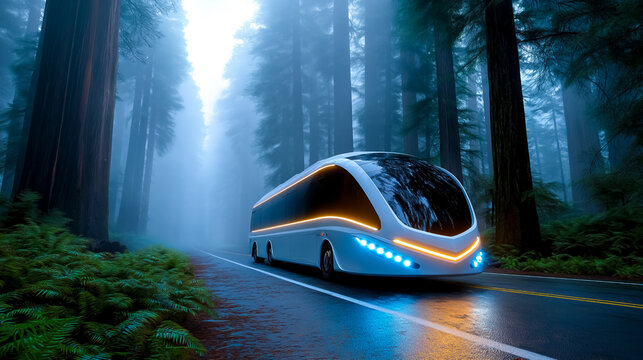 Futuristic electric bus drives along secluded forest road surrounded by towering redwoods. Soft morning mist creates ethereal atmosphere. Concept of sustainable transport, technology, nature