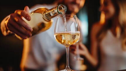 Pouring chilled white wine for a celebration bubbles rising in golden light elegant evening with