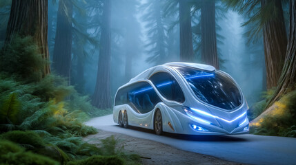 Fototapeta premium Futuristic vehicle moves along winding path in lush green forest. Soft blue glow enhances mystical ambiance. Concept of eco-transportation, innovation, adventure