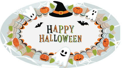 Happy halloween oval frame with pumpkins, ghosts, bats and spiderwebs on a white background