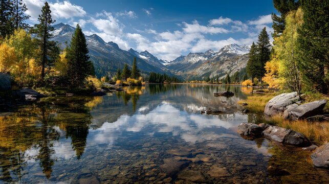 Peaceful mountain lake landscape early autumn crystal clear reflective water golden red fall foliage surrounding tree snow dusted alpine peak background serene atmosphere perfect meditation