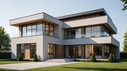 Fototapeta premium A modern residential building with a striking facade stands on a sunny green lawn, nestled on a hill against a clear sky, showcasing contemporary architecture