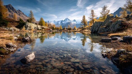 Peaceful mountain lake landscape early autumn crystal clear reflective water golden red fall foliage surrounding tree snow dusted alpine peak background serene atmosphere perfect meditation