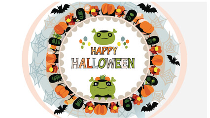Happy halloween message with pumpkins bats spiders and green monster heads in a circular arrangement